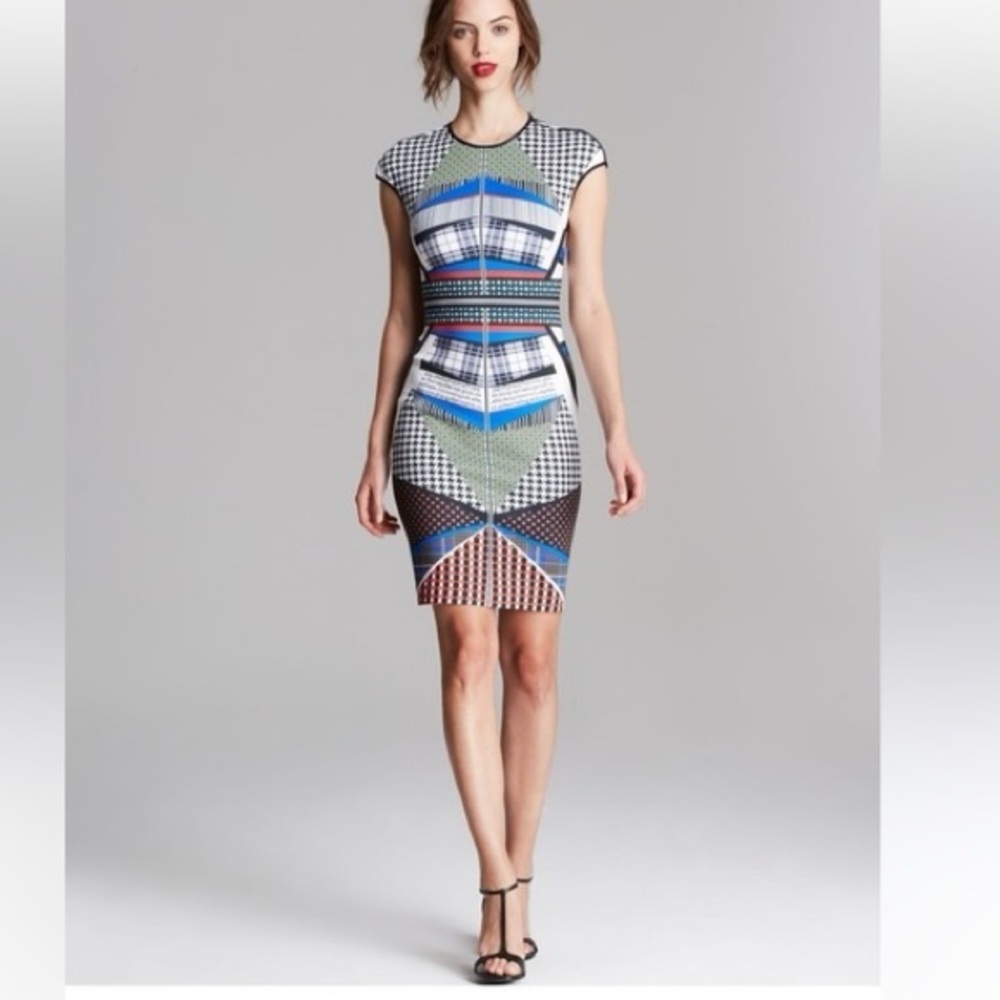 Geo-Print Cap Sleeve Bodycon Dress in Red, Blue & Green